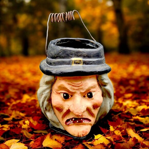 Vintage Poliwoggs Witch Bucket 1990s Primitive Halloween Paper Mache Style - Picture 1 of 9